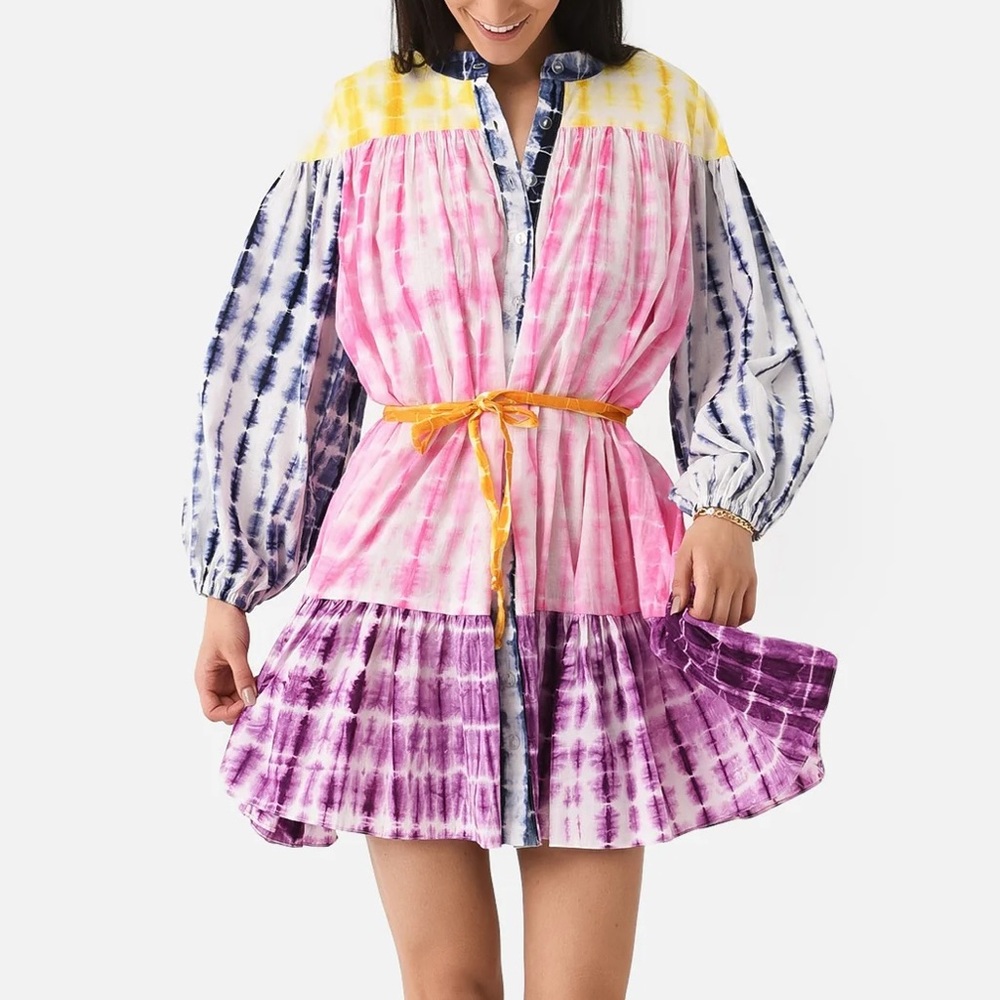 Charina Sarte Holi Tie Dye Stripe Print Mini Shirt Dress Pink Purple Belted S